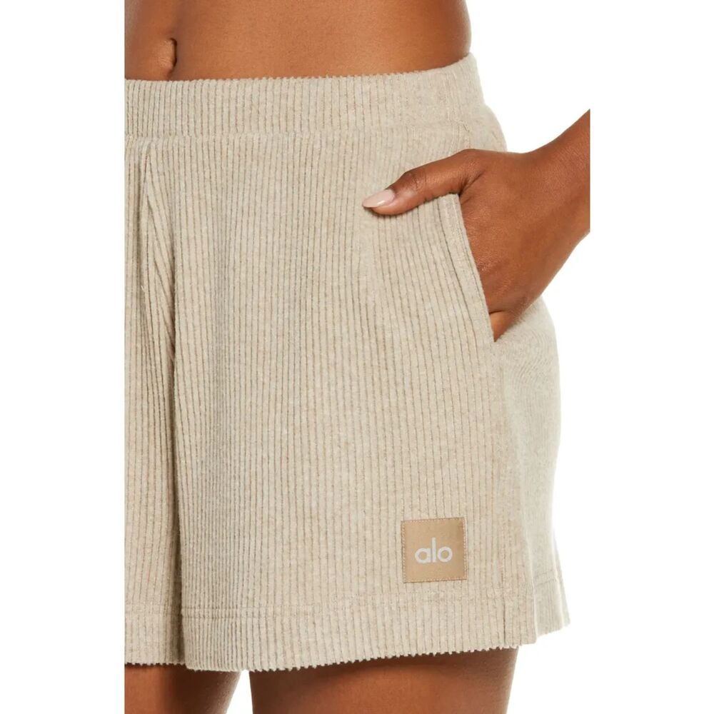 Alo Yoga Muse Ribbed High Waist Athletic Shorts Gravel Heather Tan Gray Brown XS
